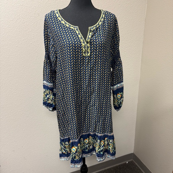 Umgee Boho Floral Tunic Dress Navy Green Embroidered Festival Peasant XL - Picture 2 of 10